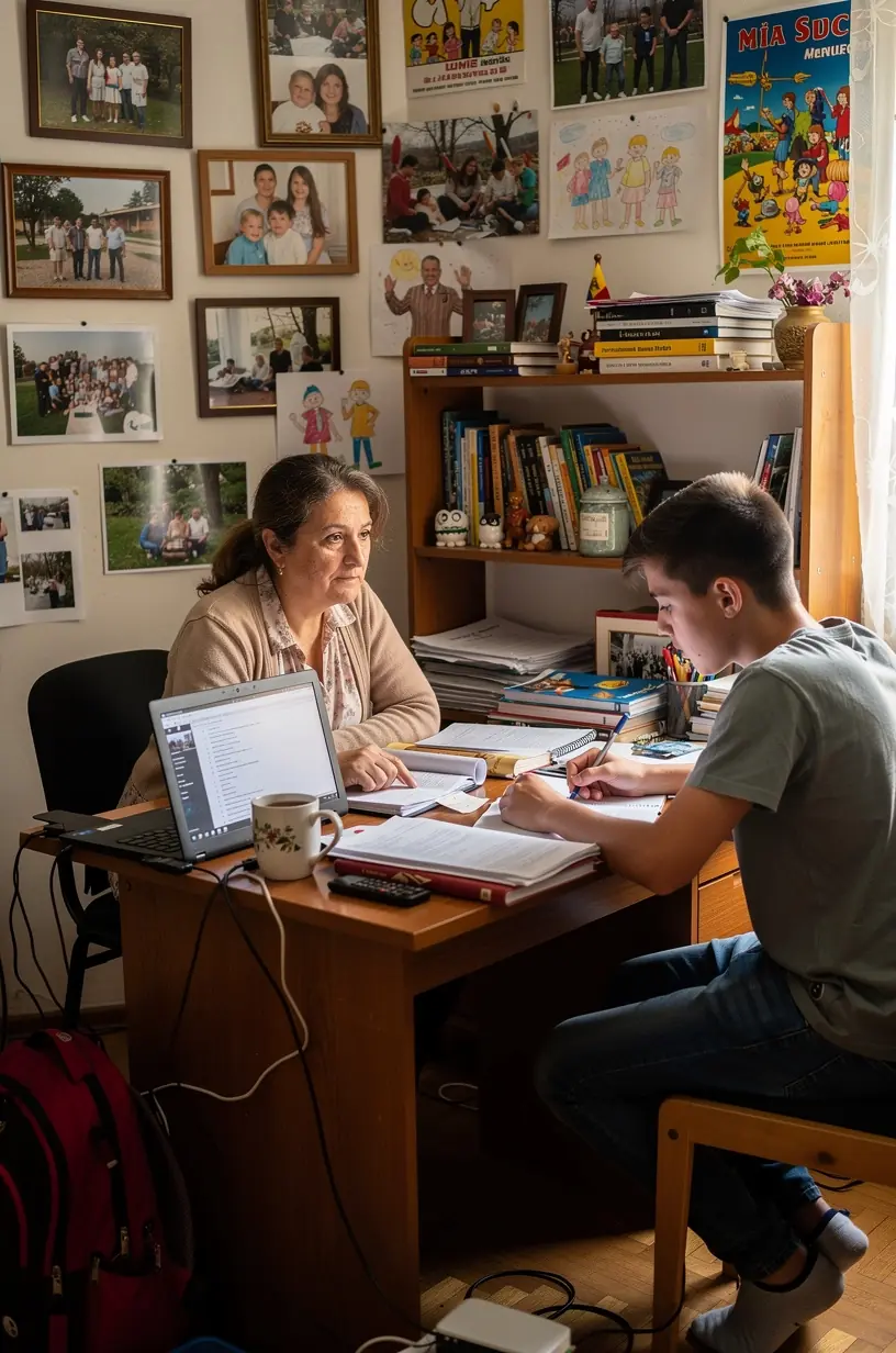 Familie împărțind responsabilitățile casnice într-un mod echitabil și structurat.